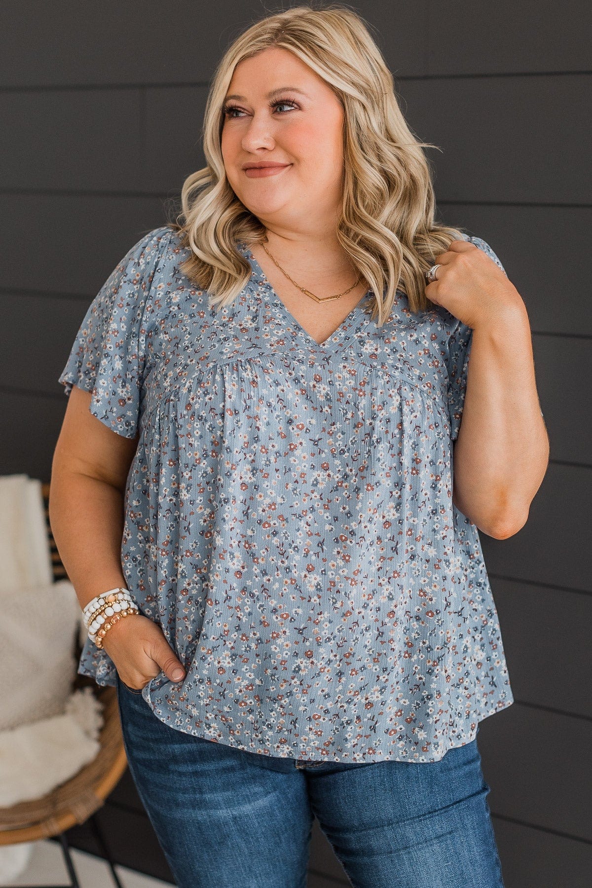 Blushing Beauty Floral Top- Denim Blue