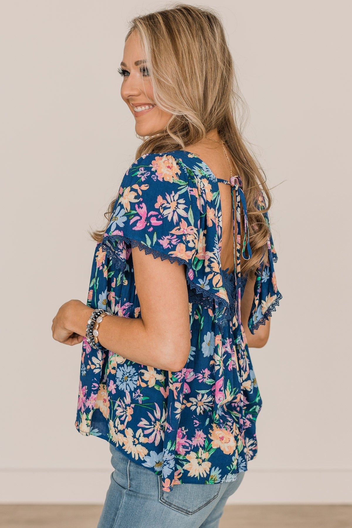 It's A Beautiful Day Floral Blouse- Royal Blue