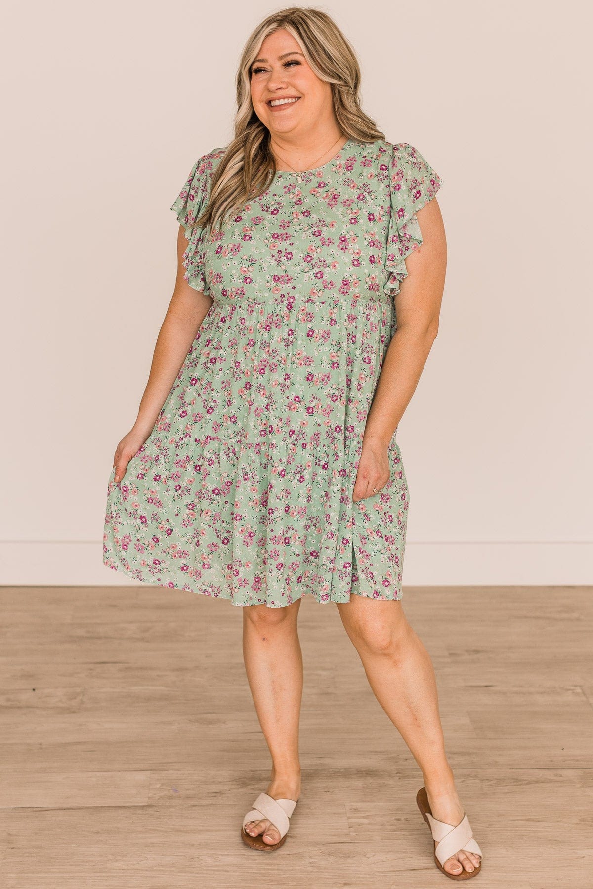 Crack A Smile Floral Dress- Sage & Pink