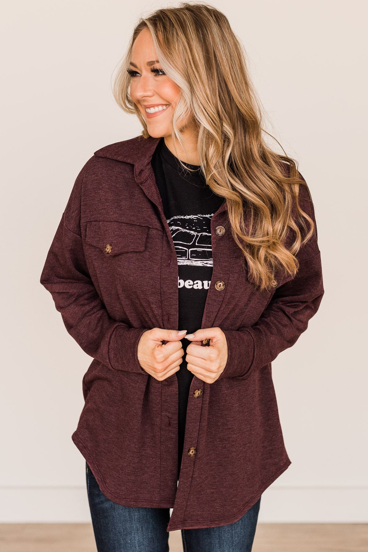 Hooked On Your Love Button Top- Plum