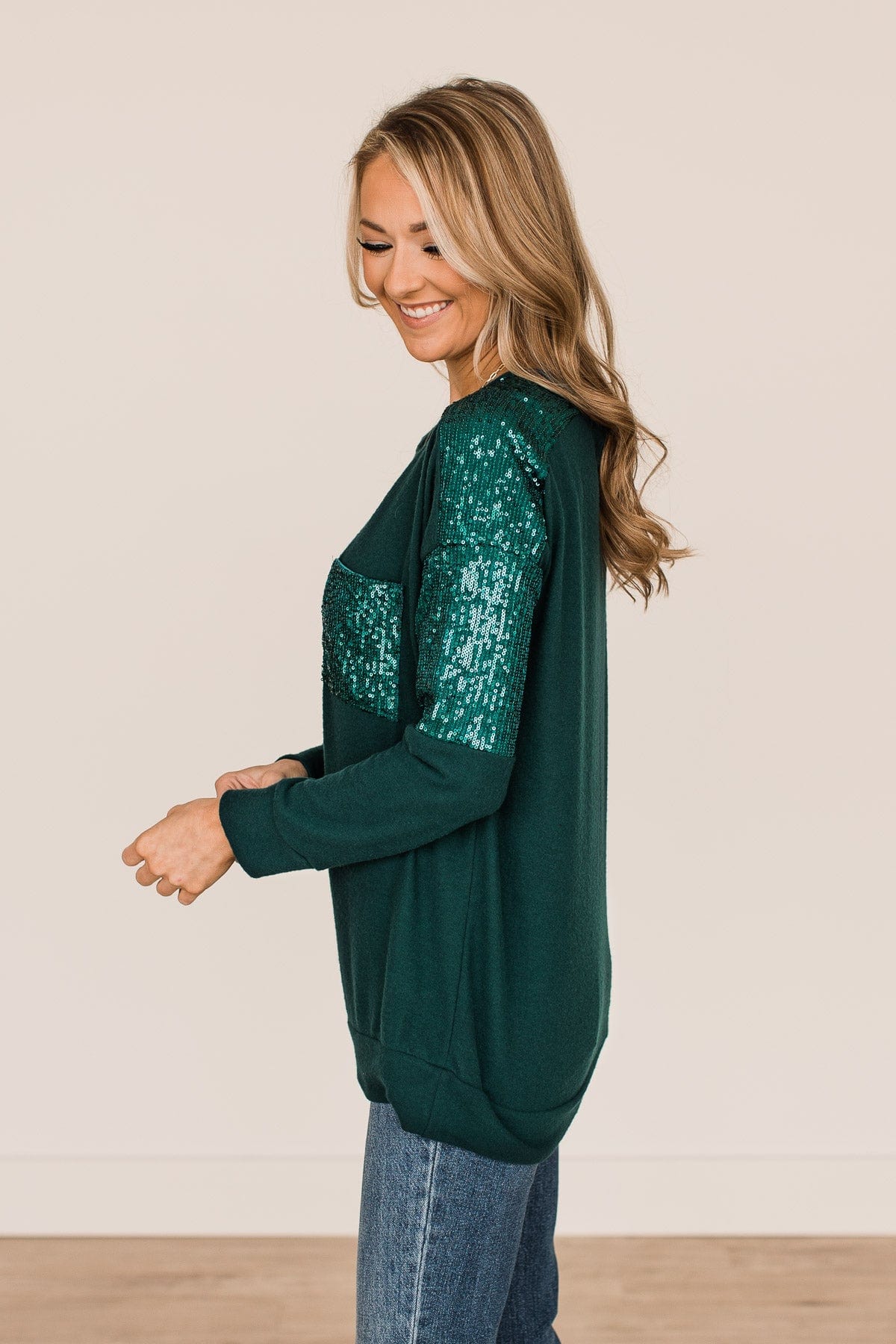 Take Note Sequin Knit Top- Hunter Green
