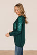 Take Note Sequin Knit Top- Hunter Green