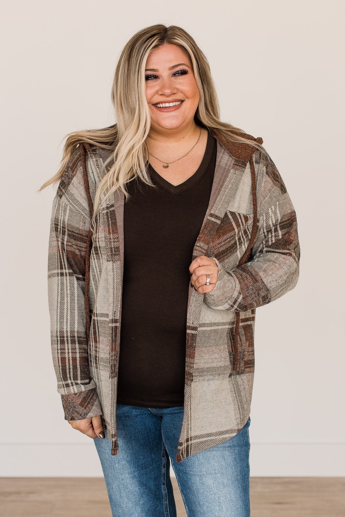 Sitting Fireside Hooded Button Top- Brown