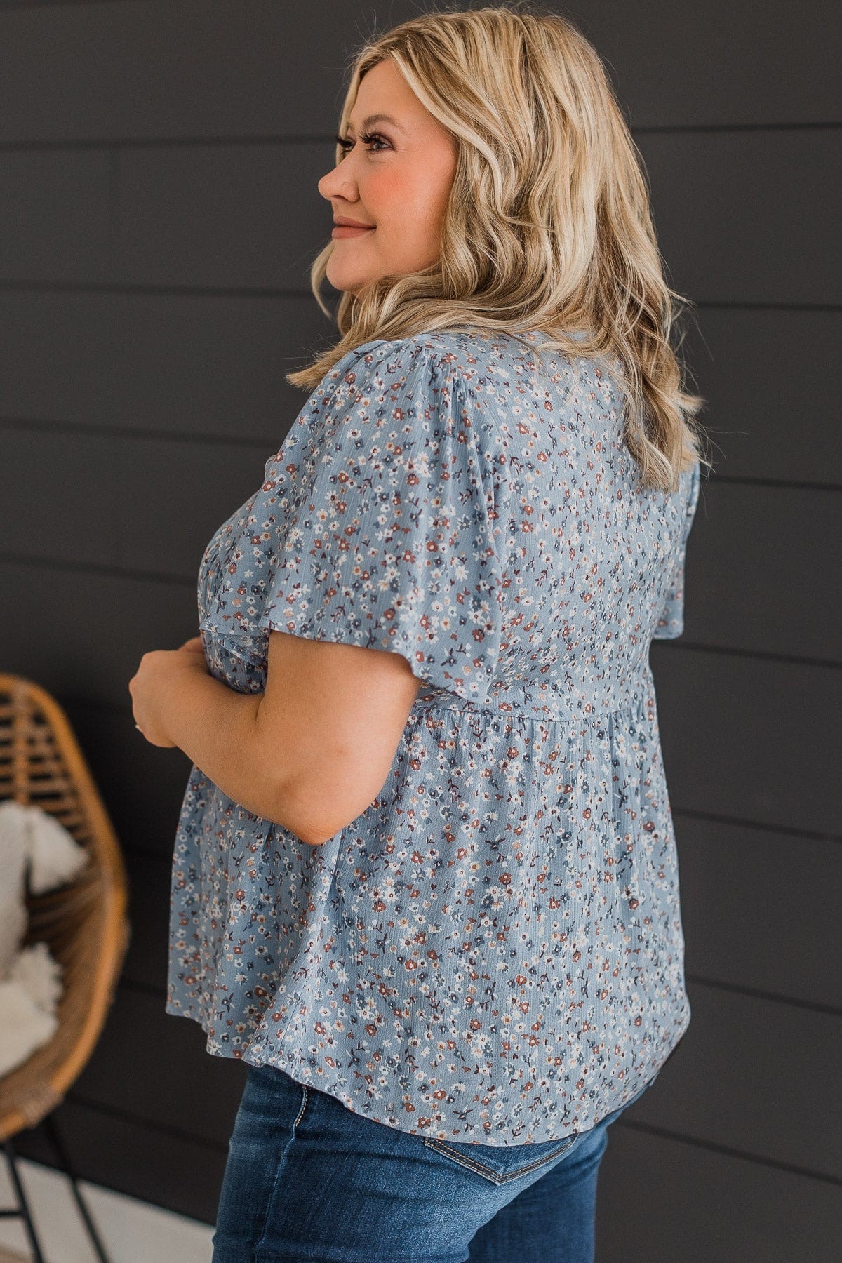 Blushing Beauty Floral Top- Denim Blue