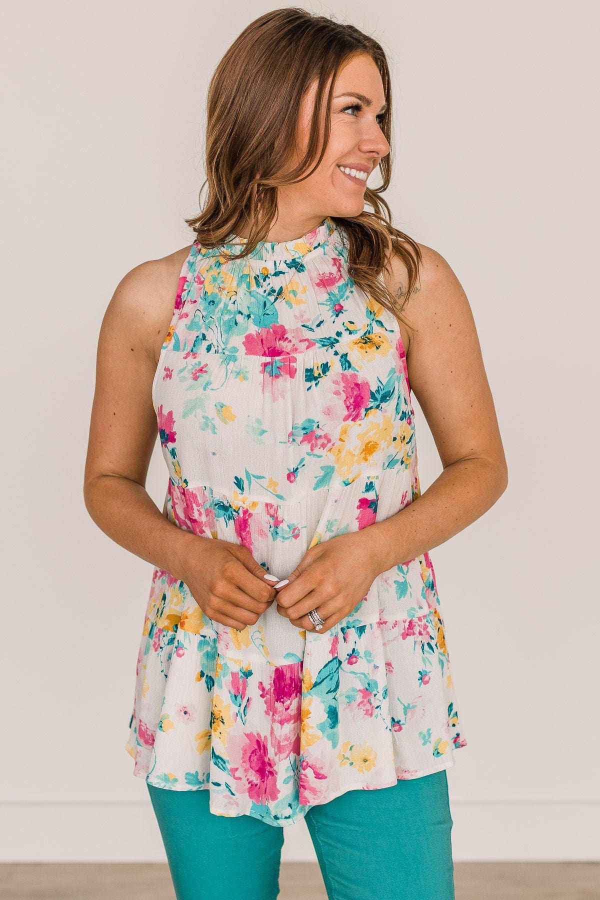Touched My Heart Tiered Floral Tank Top- Ivory