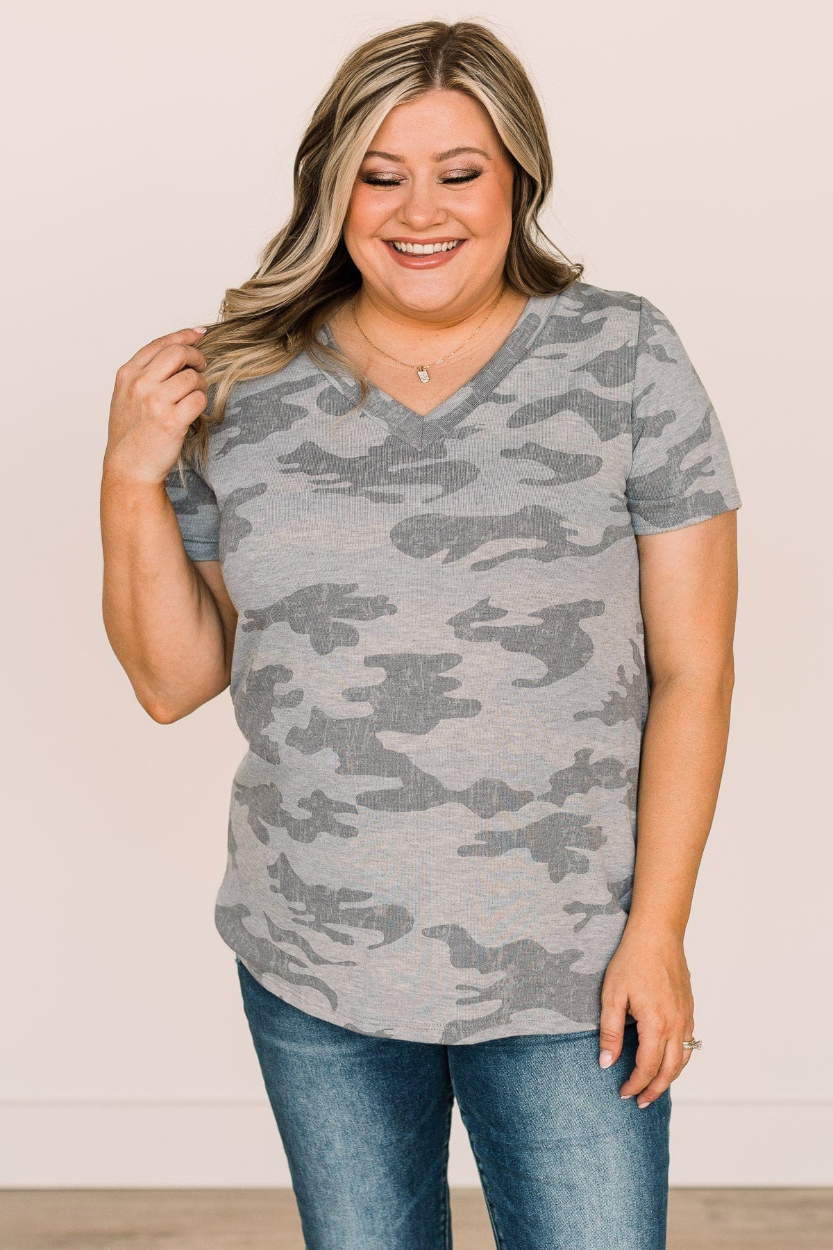 See The Big Picture V-Neck Top- Light Camo