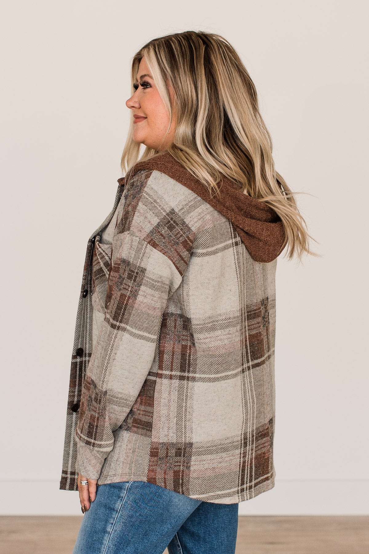 Sitting Fireside Hooded Button Top- Brown