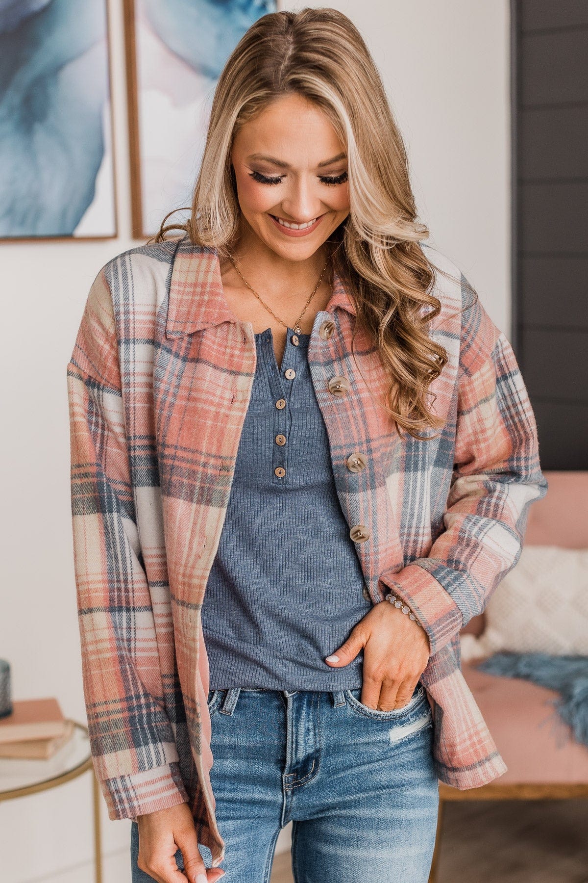 Campfire Nights Plaid Jacket- Coral & Navy