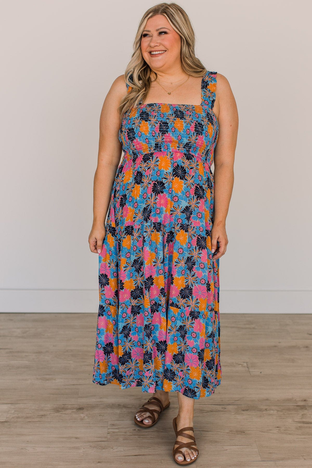 Highlight Of Today Floral Midi Dress- Blue, Pink, & Orange