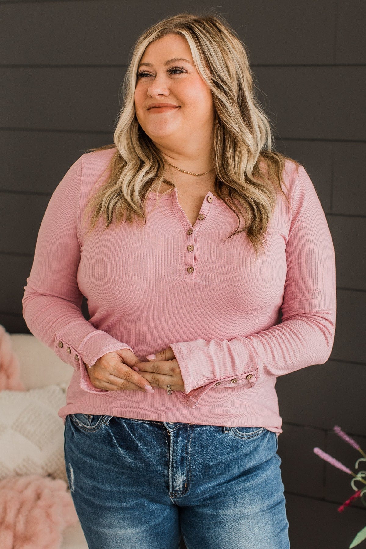 Give Your Best Long Sleeve Henley Top- Light Pink