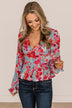 Let Yourself Shine Floral Peplum Blouse- Ivory, Hot Pink, & Blue