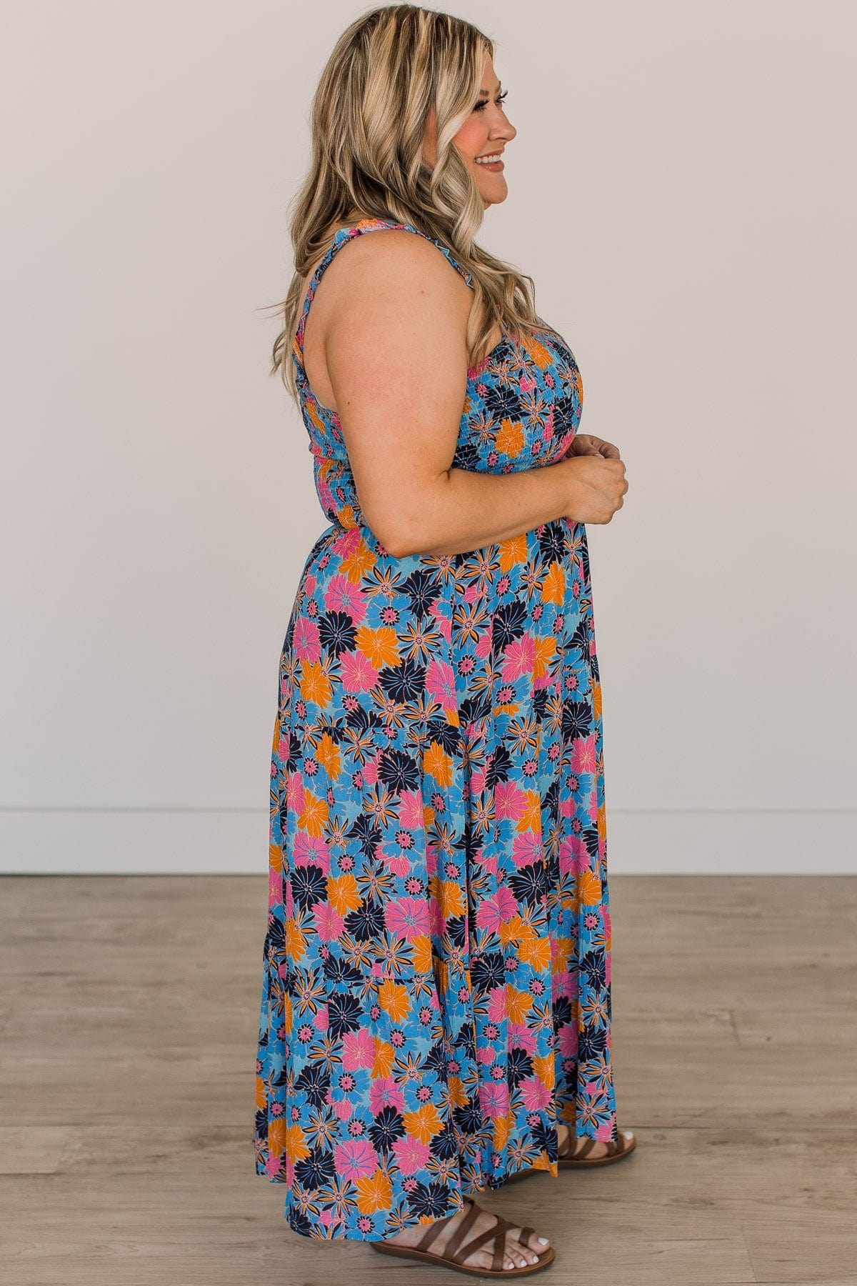 Highlight Of Today Floral Midi Dress- Blue, Pink, & Orange