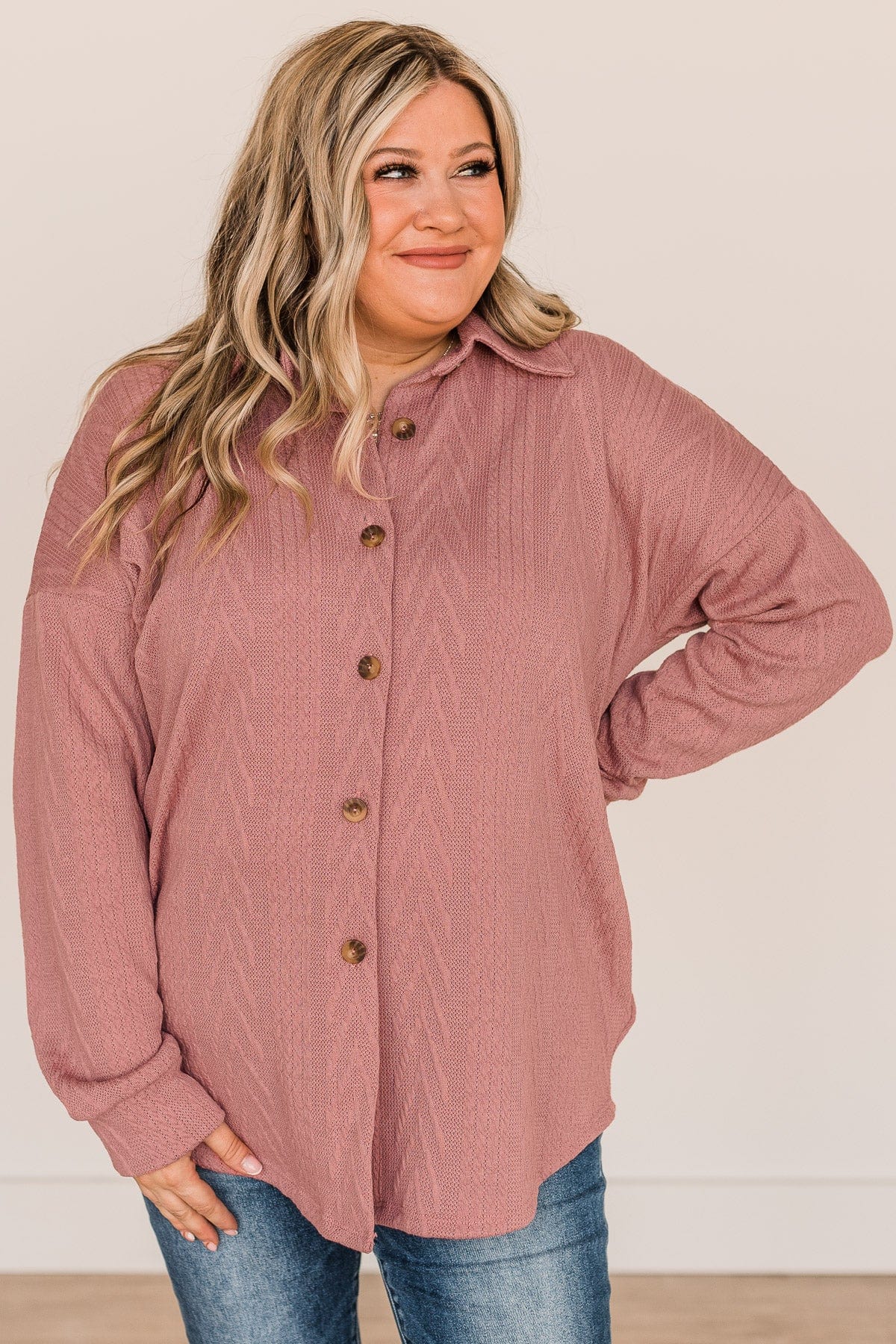Simply Radiant Cable Knit Button Top- Mauve Pink