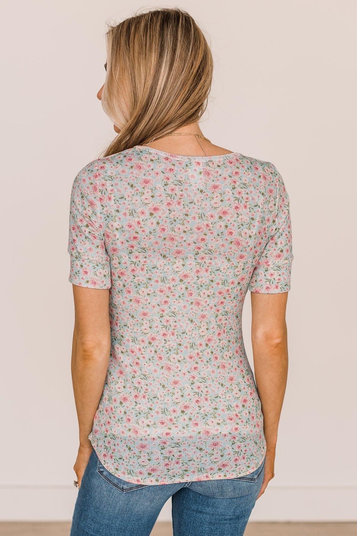 Dream On Floral Button Top- Mint Blue & Pink