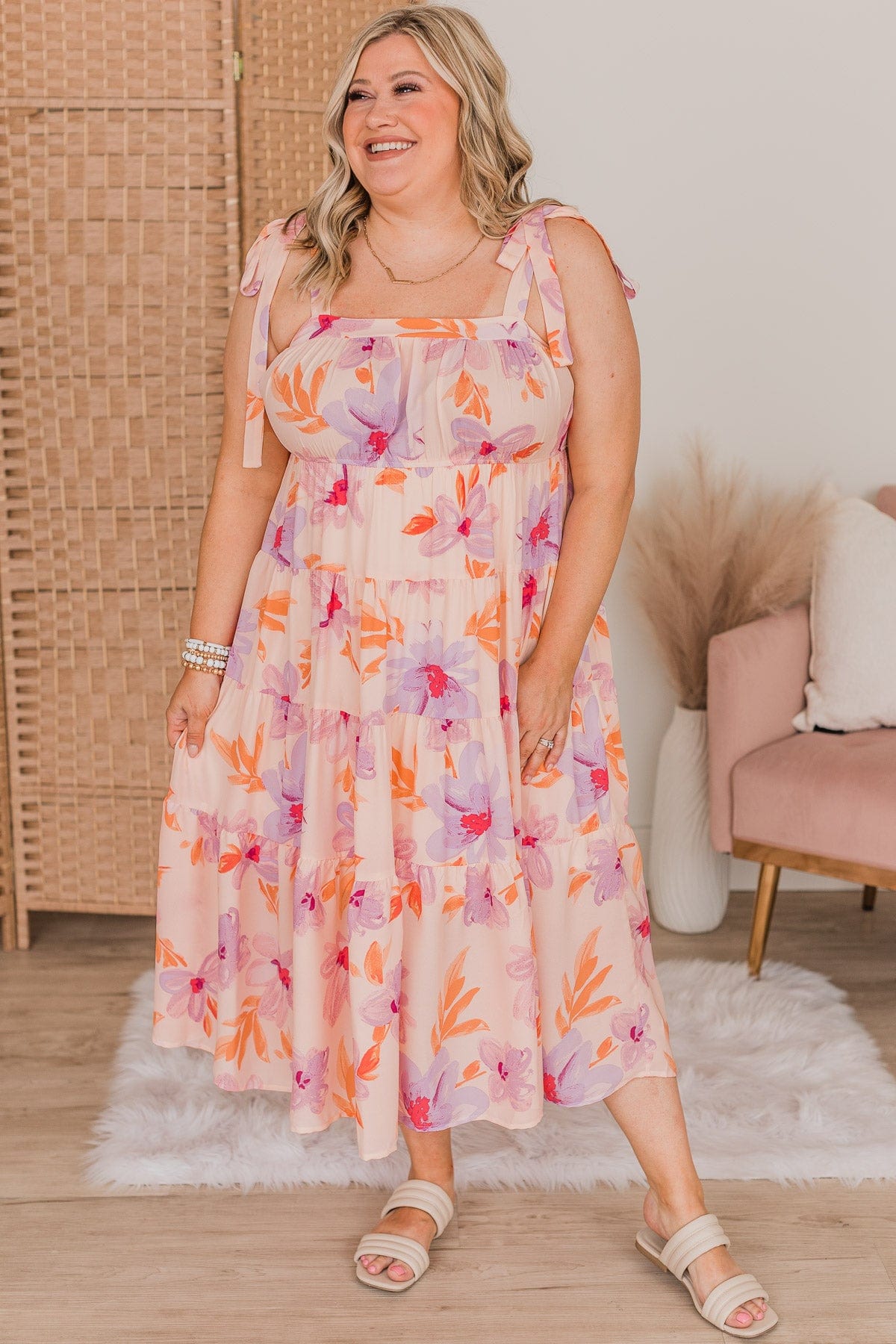 Joyous Occasion Tiered Floral Dress- Pale Orange & Lavender – The Pulse ...