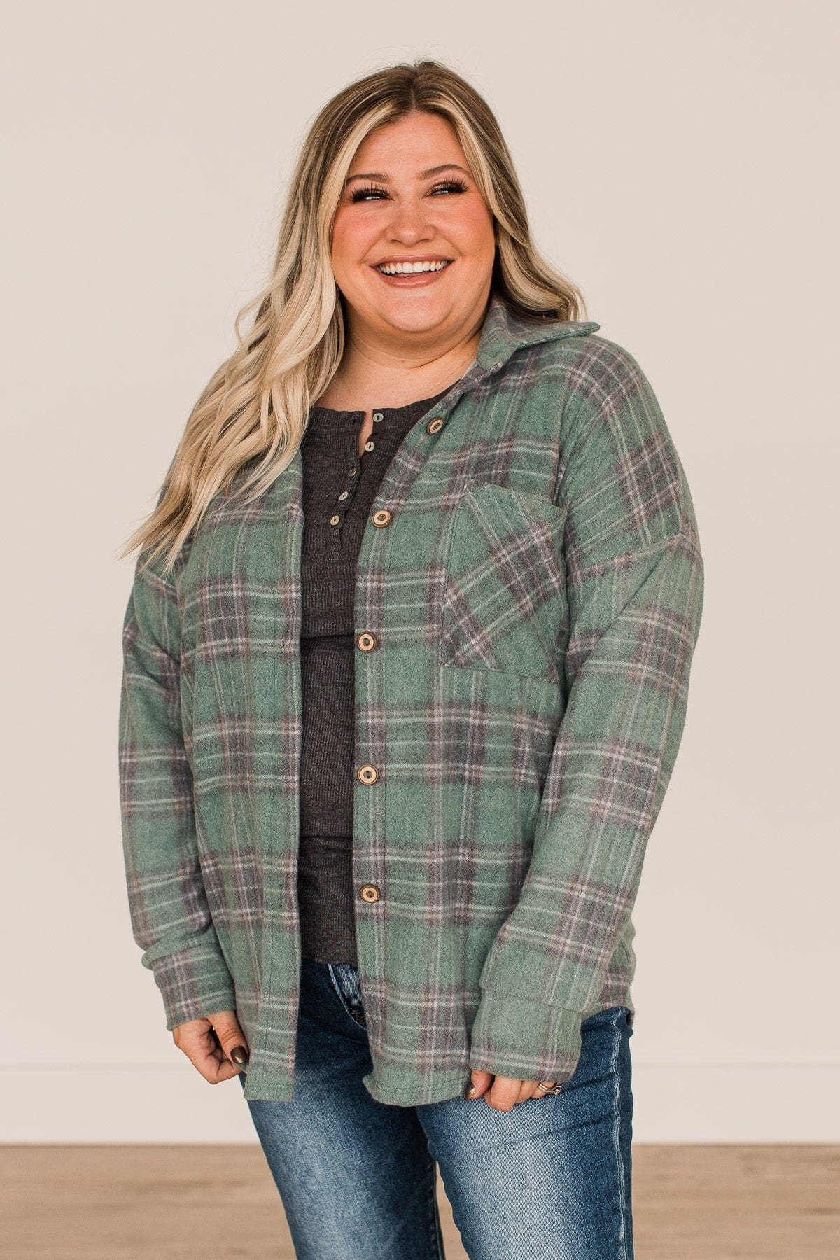 All In Plaid Button Top- Dusty Jade