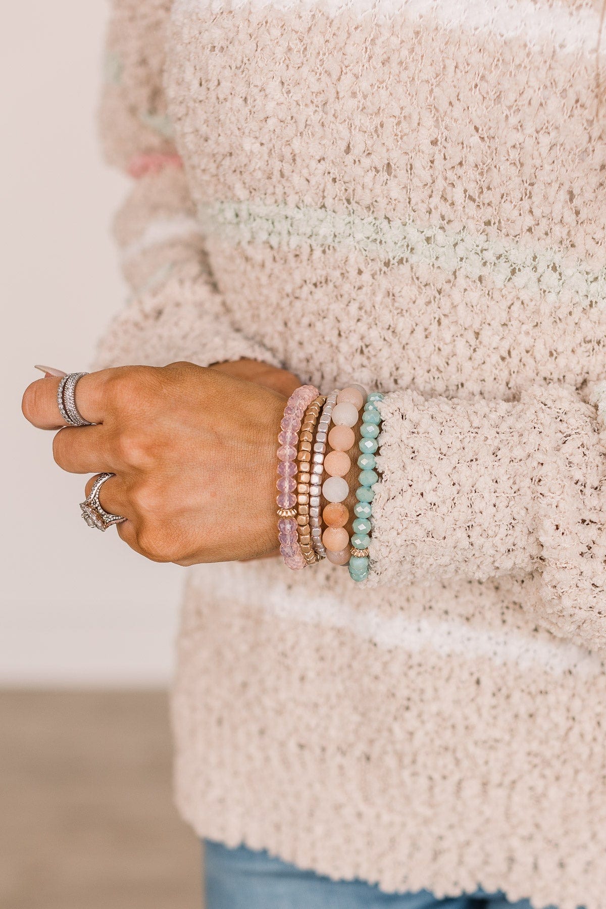 Believe In Forever Beaded Bracelet Set- Peach & Mint Blue