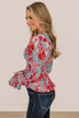 Let Yourself Shine Floral Peplum Blouse- Ivory, Hot Pink, & Blue