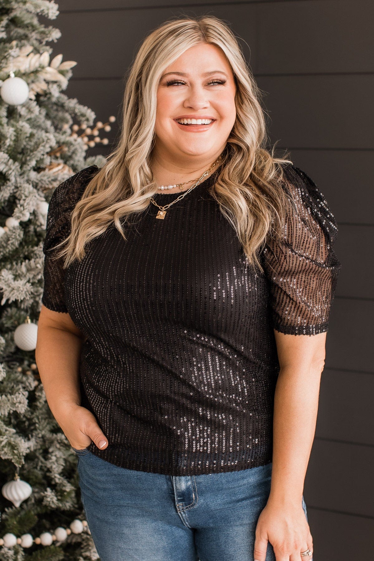 Shining In Sequins Puff Sleeve Blouse- Black