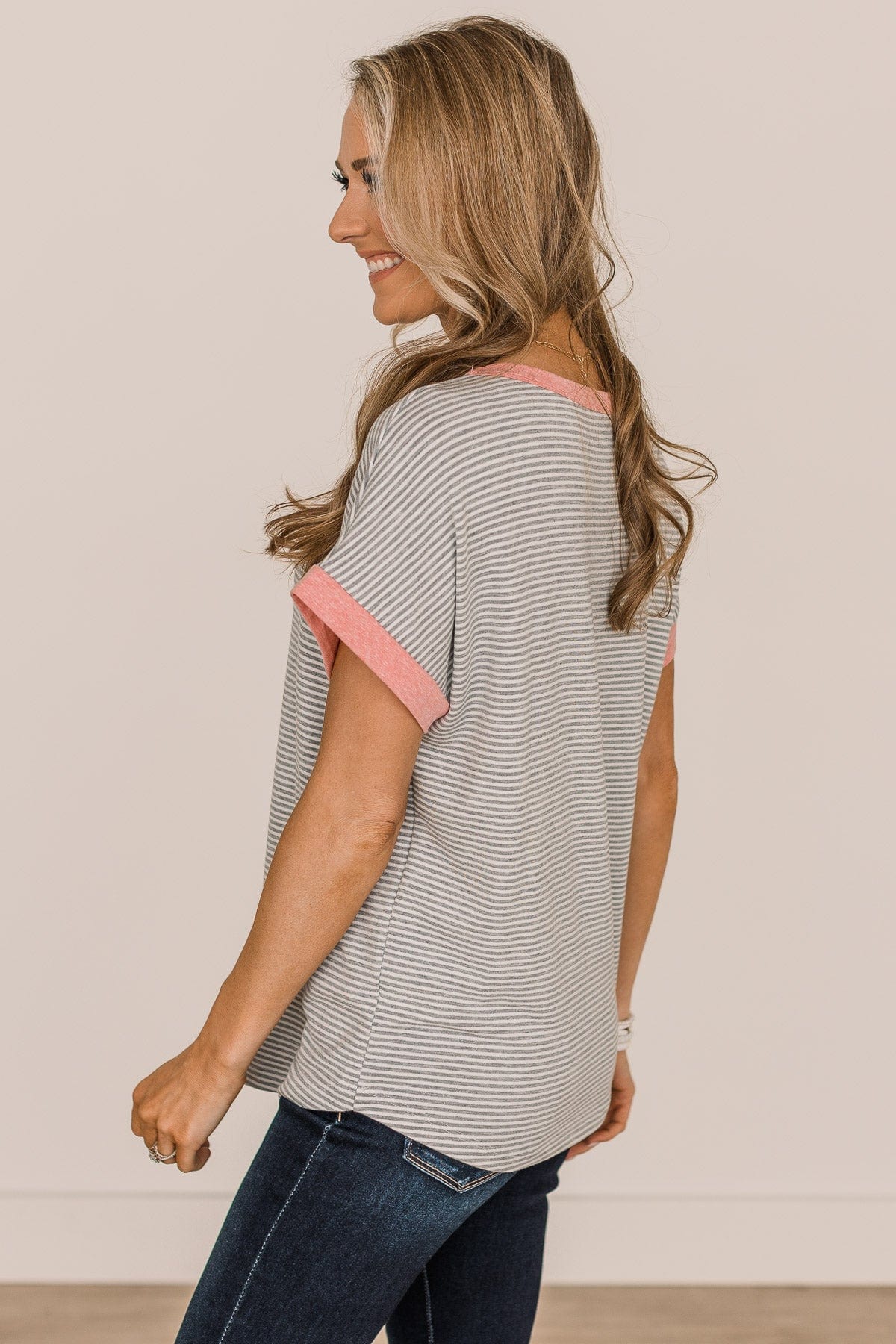 In The Right Direction Striped Top- Heather Grey & Pink