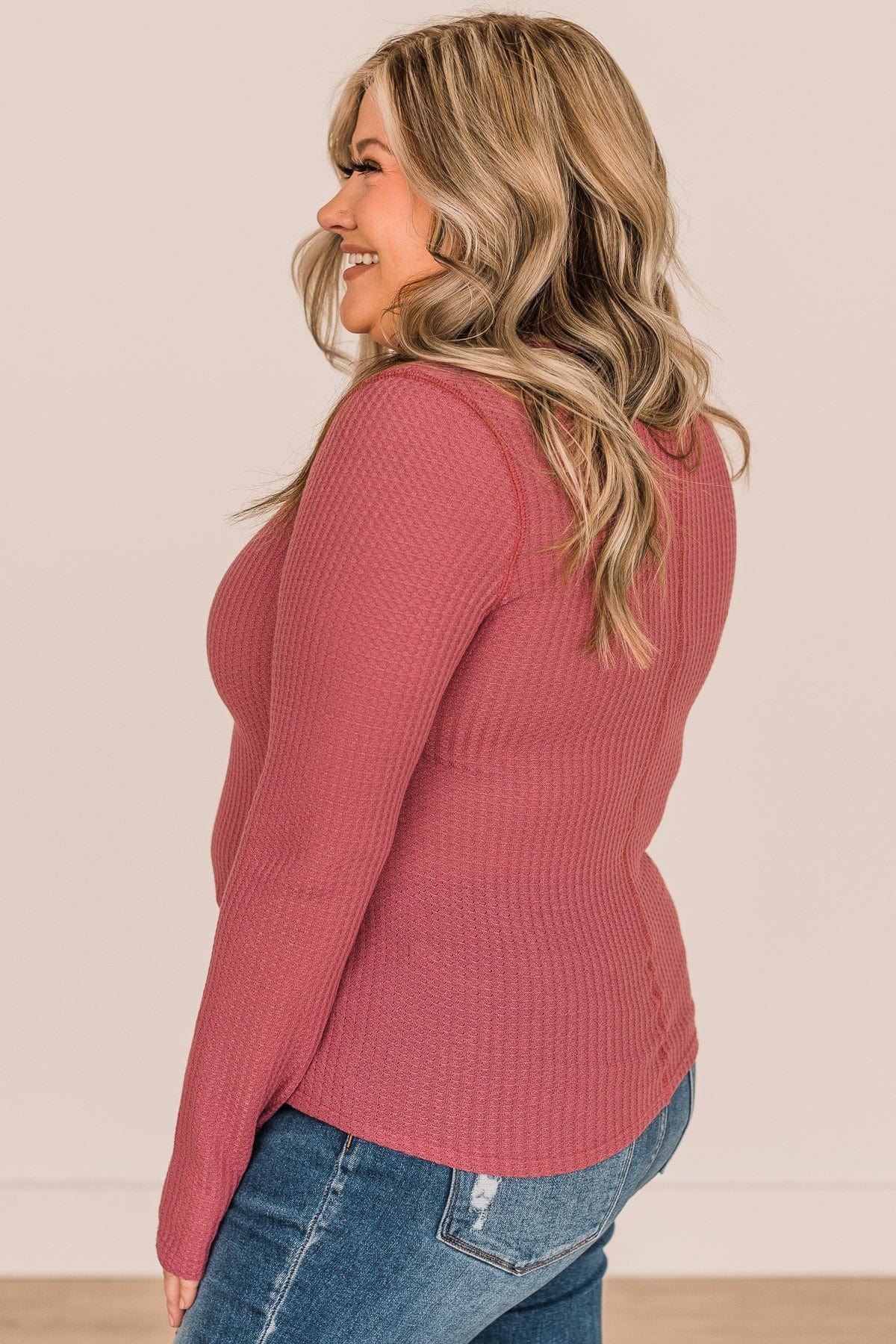 Dreams Of Us Waffle Knit Henley Top- Mauve