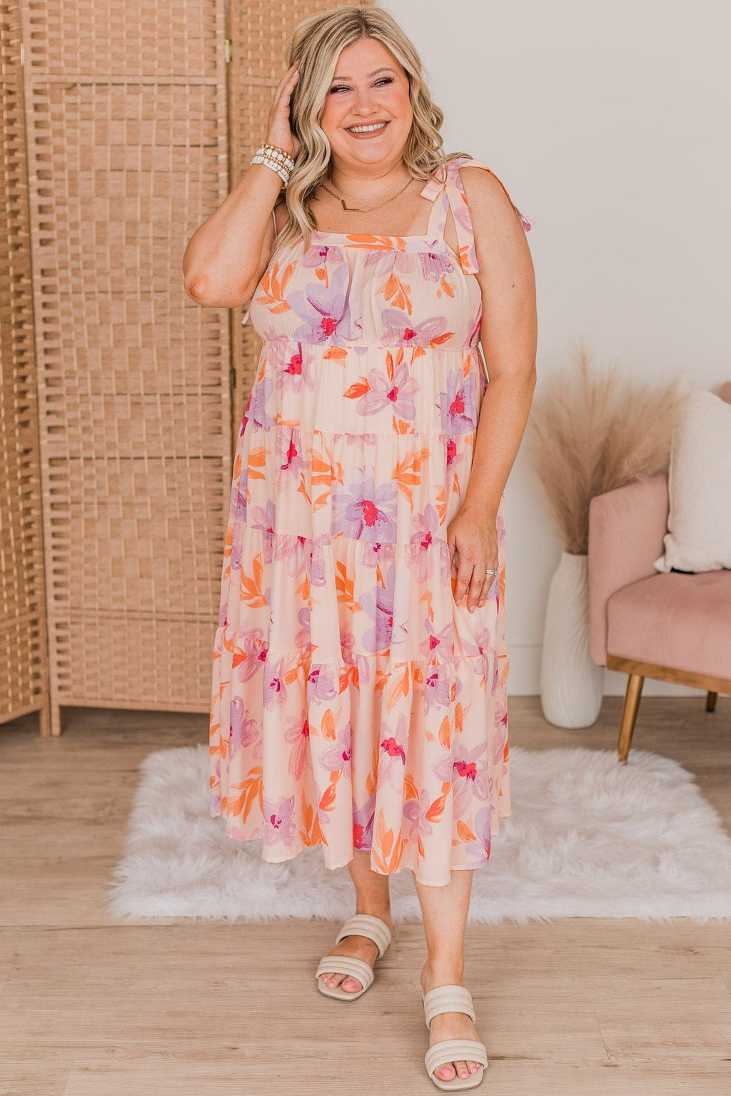 strapless open back dress Joyous Occasion Tiered Floral Dress- Pale Orange & Lavender