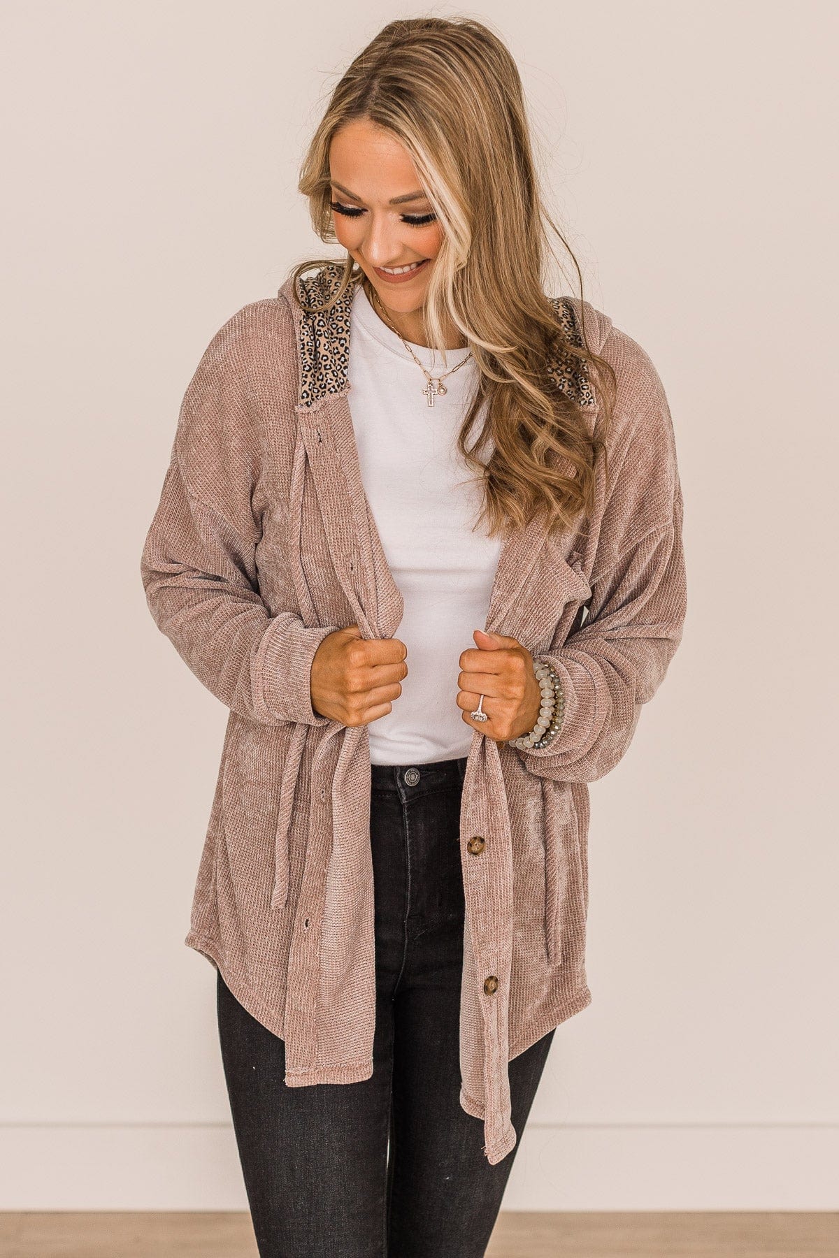 To Be Honest Button Down Knit Hoodie- Light Mocha