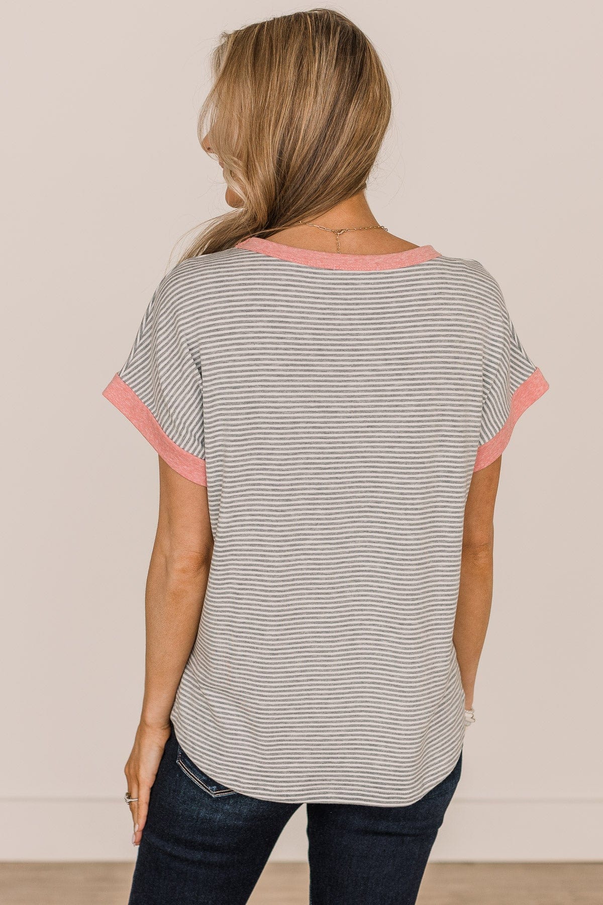 In The Right Direction Striped Top- Heather Grey & Pink