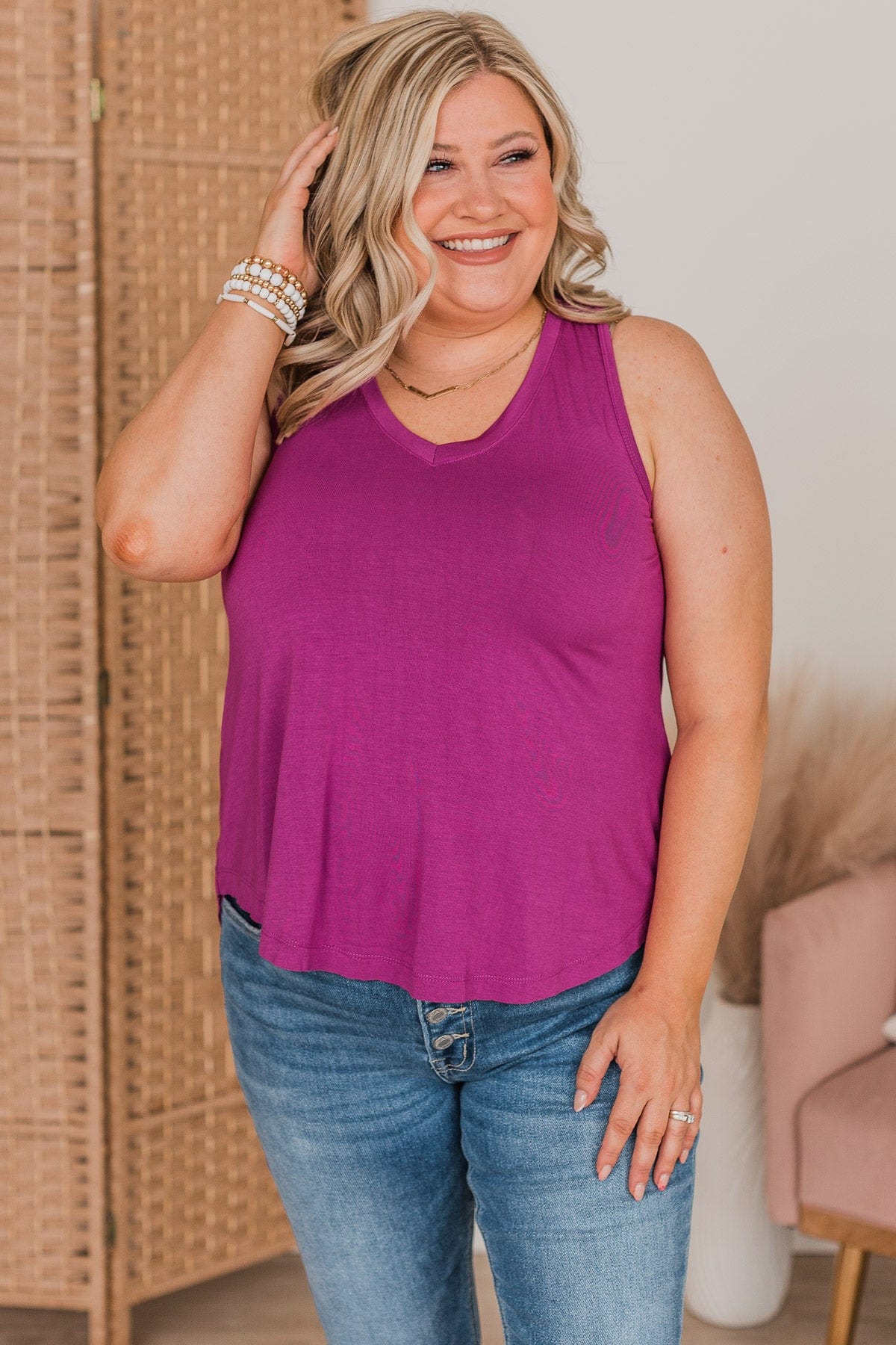 Searching For Joy V-Neck Tank Top- Dark Orchid