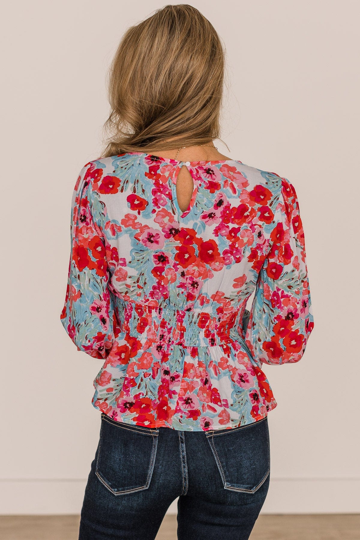 Let Yourself Shine Floral Peplum Blouse- Ivory, Hot Pink, & Blue