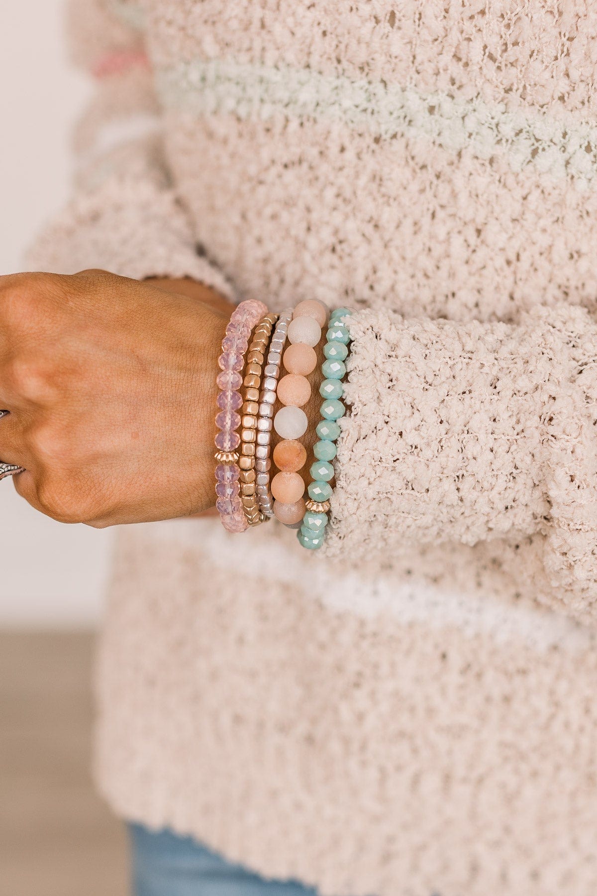 Believe In Forever Beaded Bracelet Set- Peach & Mint Blue