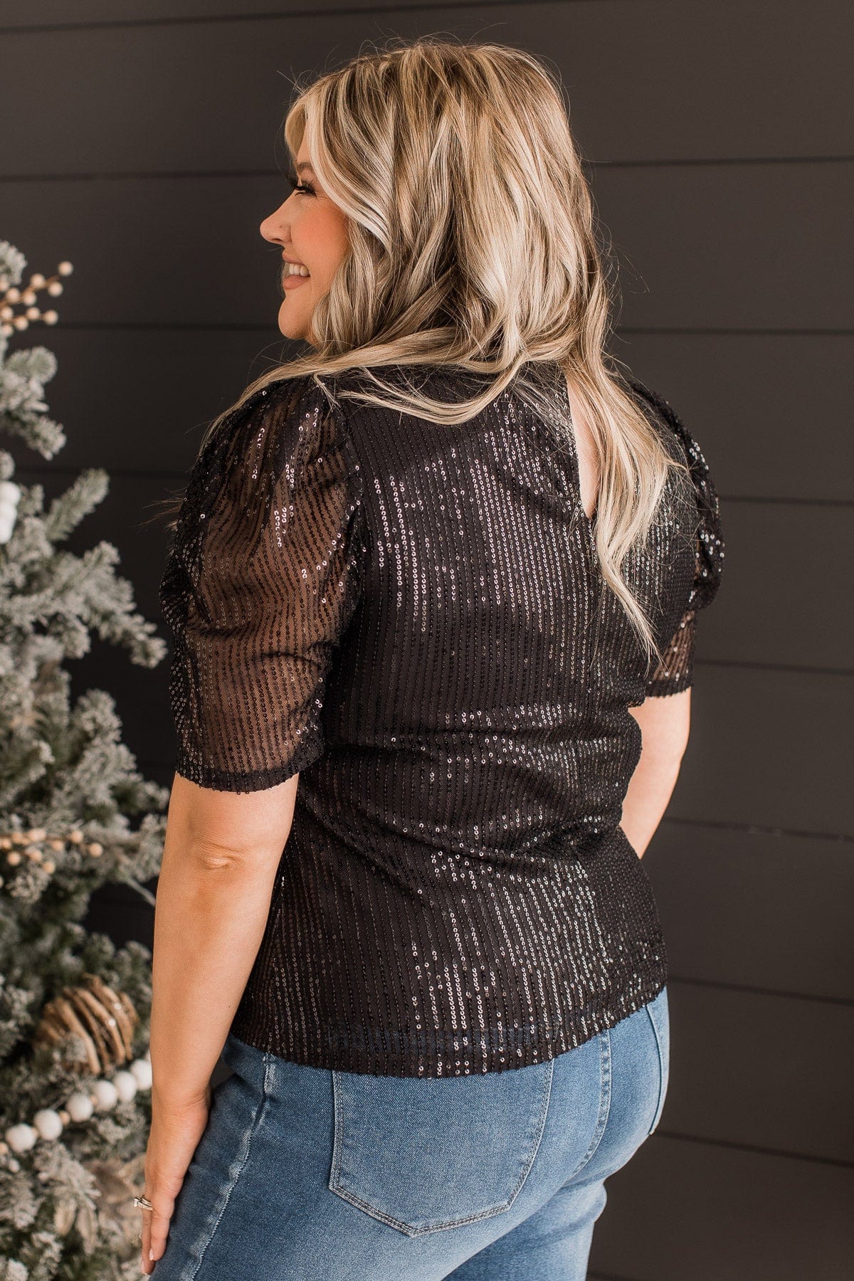 Shining In Sequins Puff Sleeve Blouse- Black
