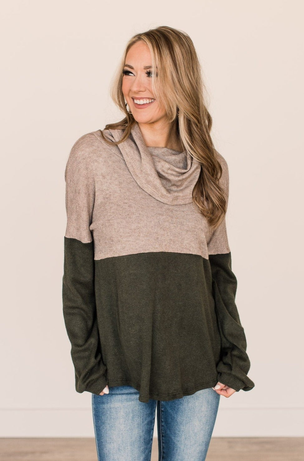 Never Too Close Cowl Neck Top- Taupe & Dark Olive
