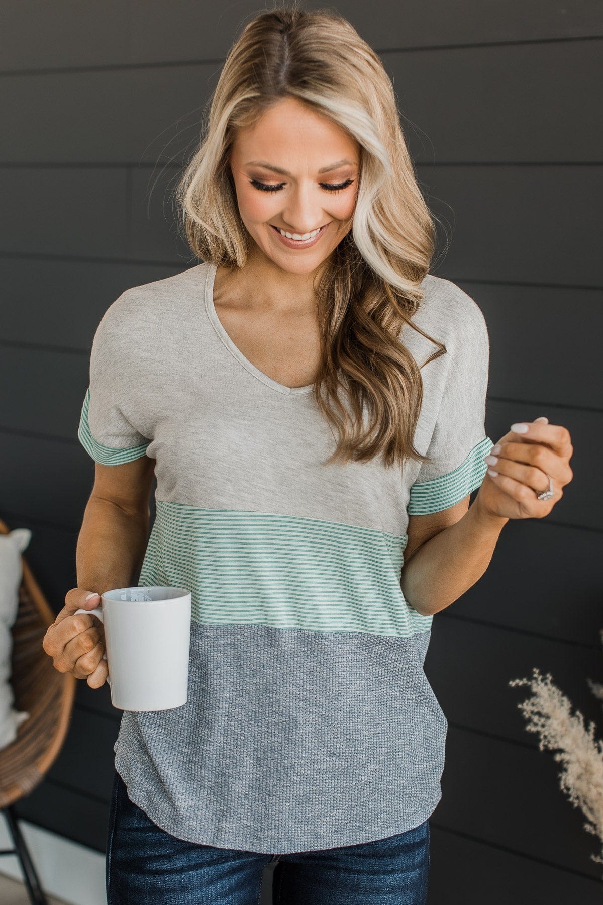 Up To Standards Color Block Top- Light Grey & Denim Blue