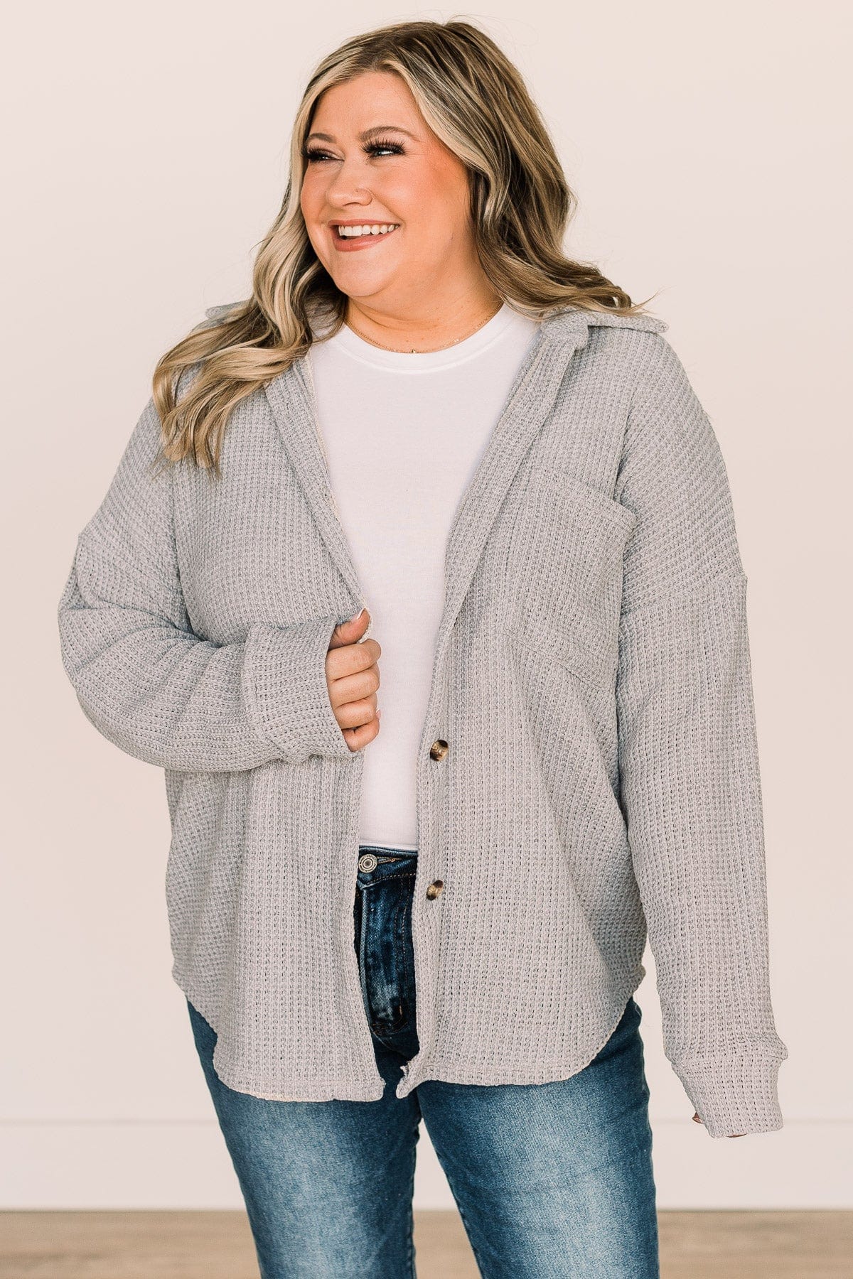 One Step Ahead Knit Button Top- Light Grey