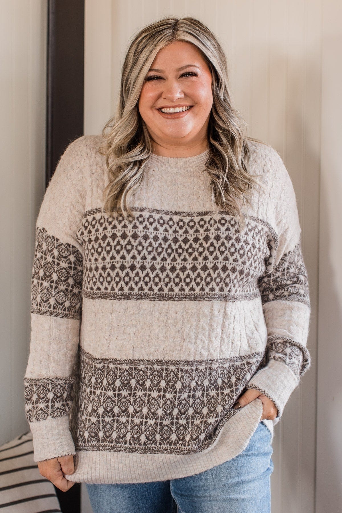 No Place Like Home Knit Sweater- Oatmeal & Brown