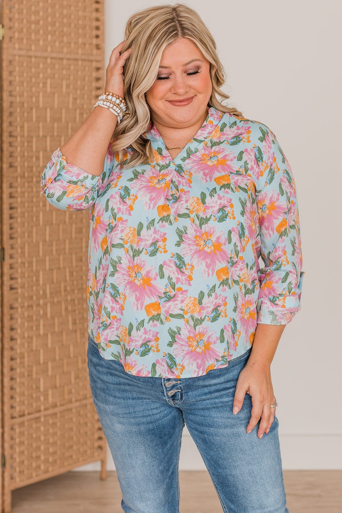 Calling My Name Floral Blouse- Light Blue & Pink