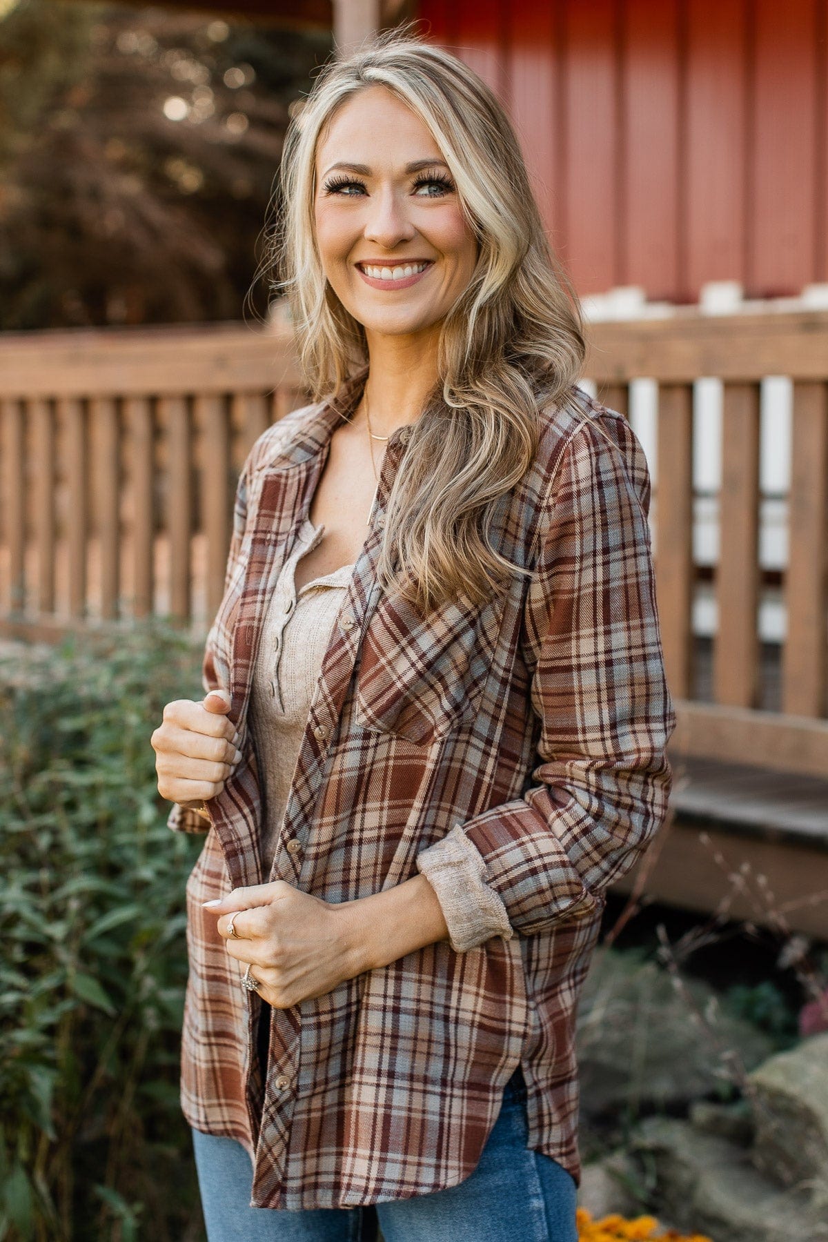 Falling Leaves Plaid Button Top- Brown