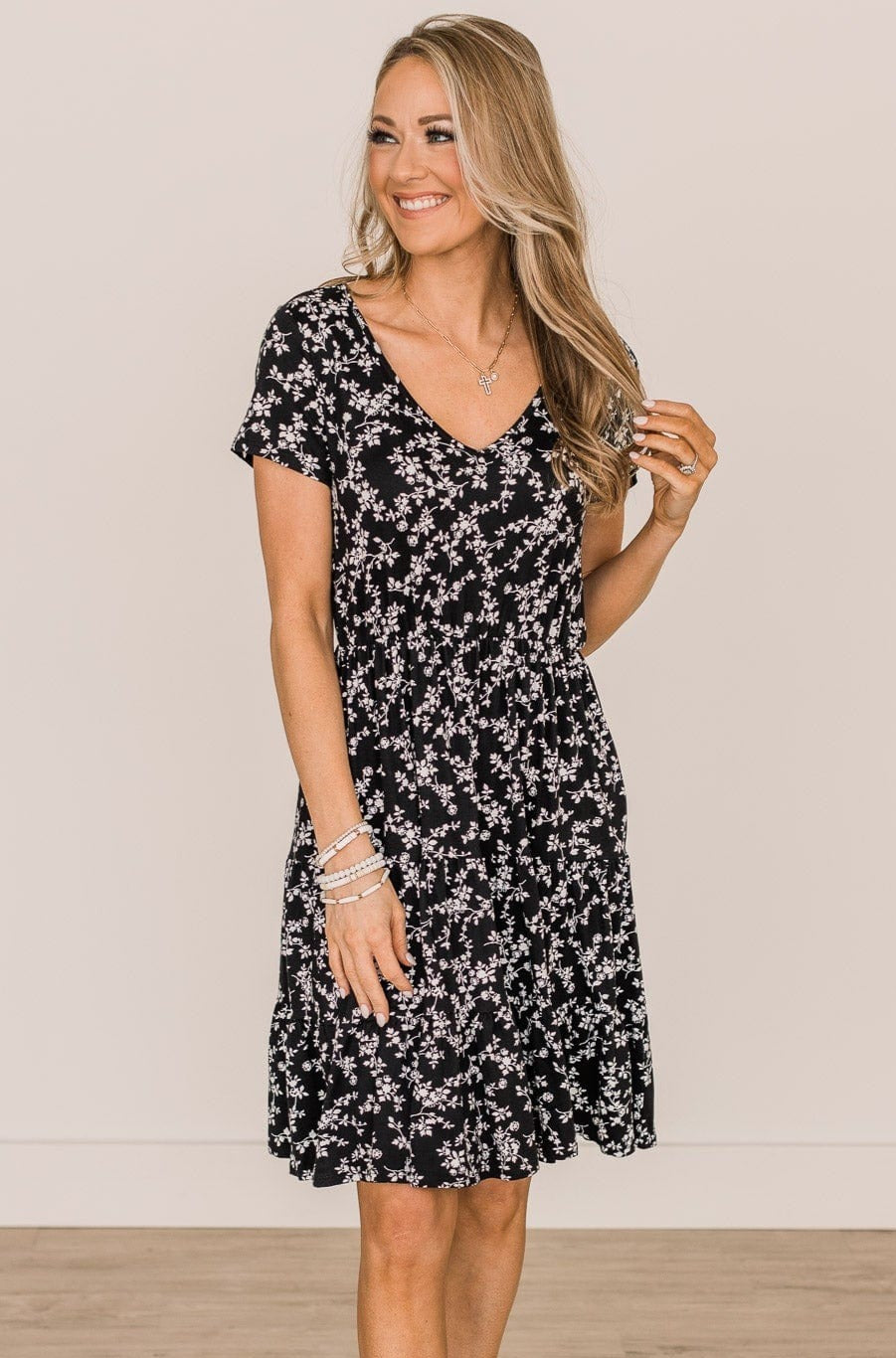 Whimsical Love Short Sleeve Floral Dress- Black Whimsical Love Short Sleeve Floral Dress- Black