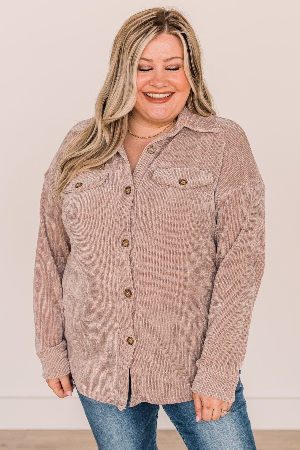 Cause For Applause Knit Button Top- Light Mocha