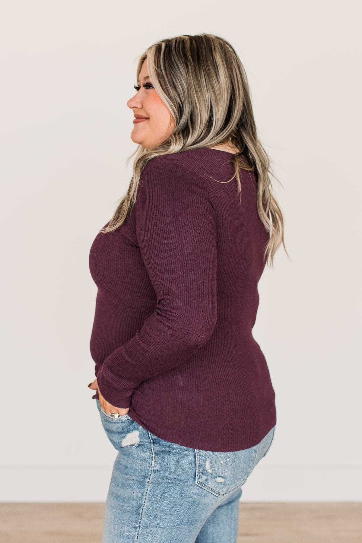 All The Possibilities Notch Knit Top- Eggplant