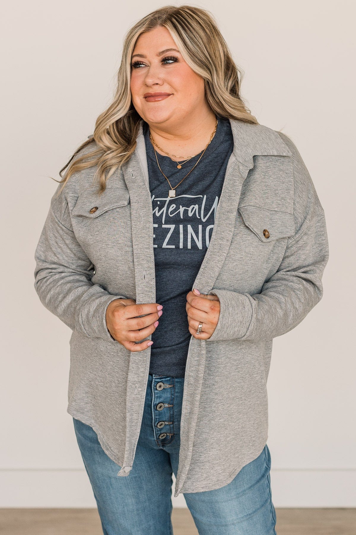 Hooked On Your Love Button Top- Heather Grey