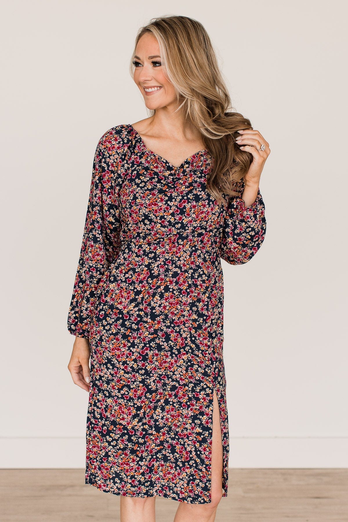 Good To See Floral Midi Dress- Navy