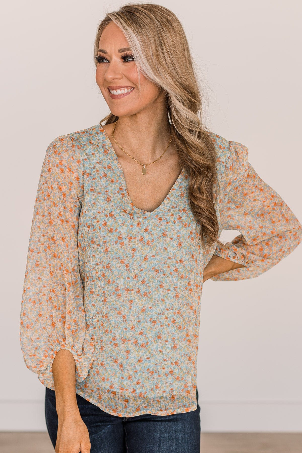 Make It Memorable Floral Blouse- Dusty Blue & Light Yellow
