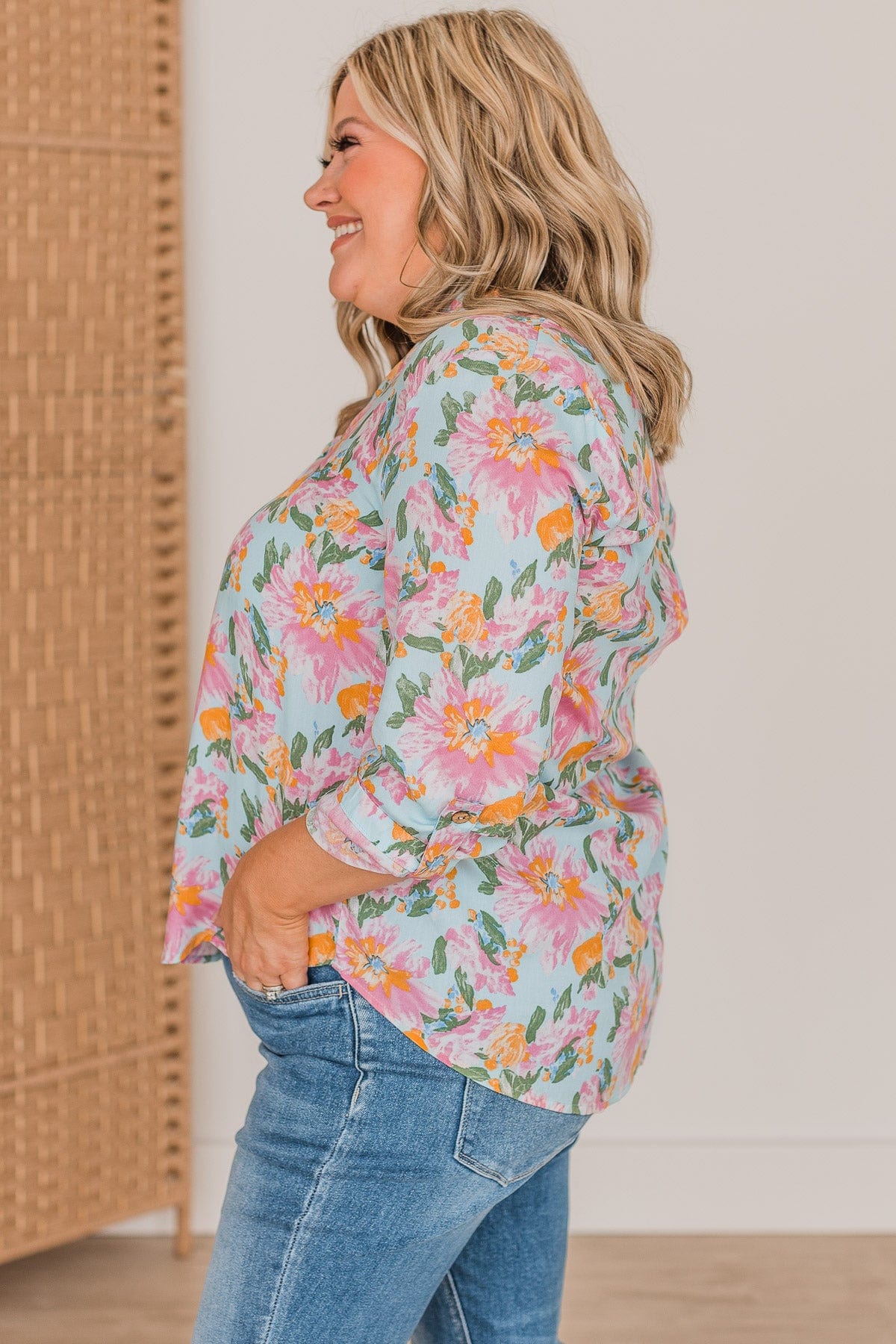 Calling My Name Floral Blouse- Light Blue & Pink