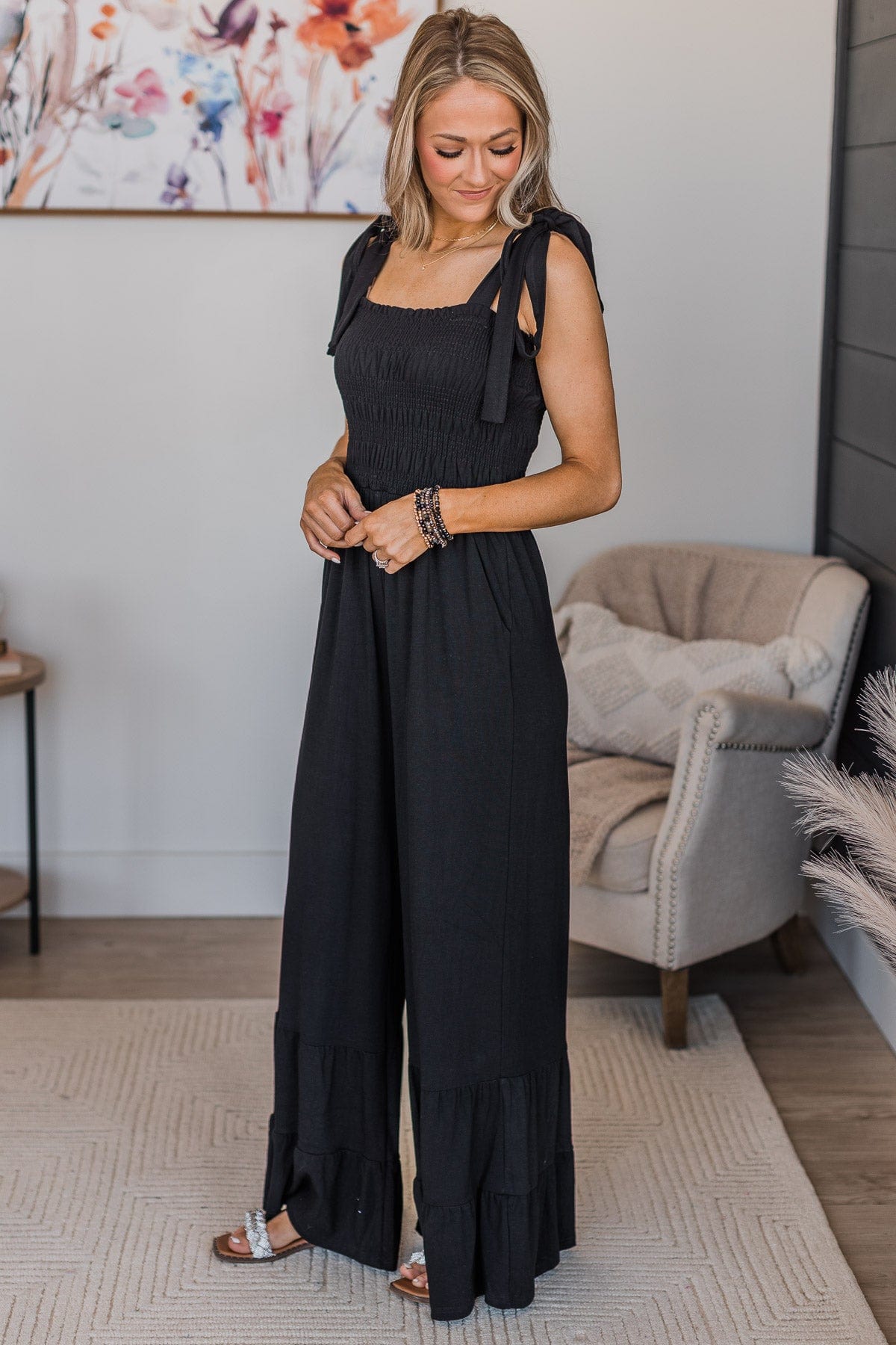 Good For Me Smocked Jumpsuit- Black