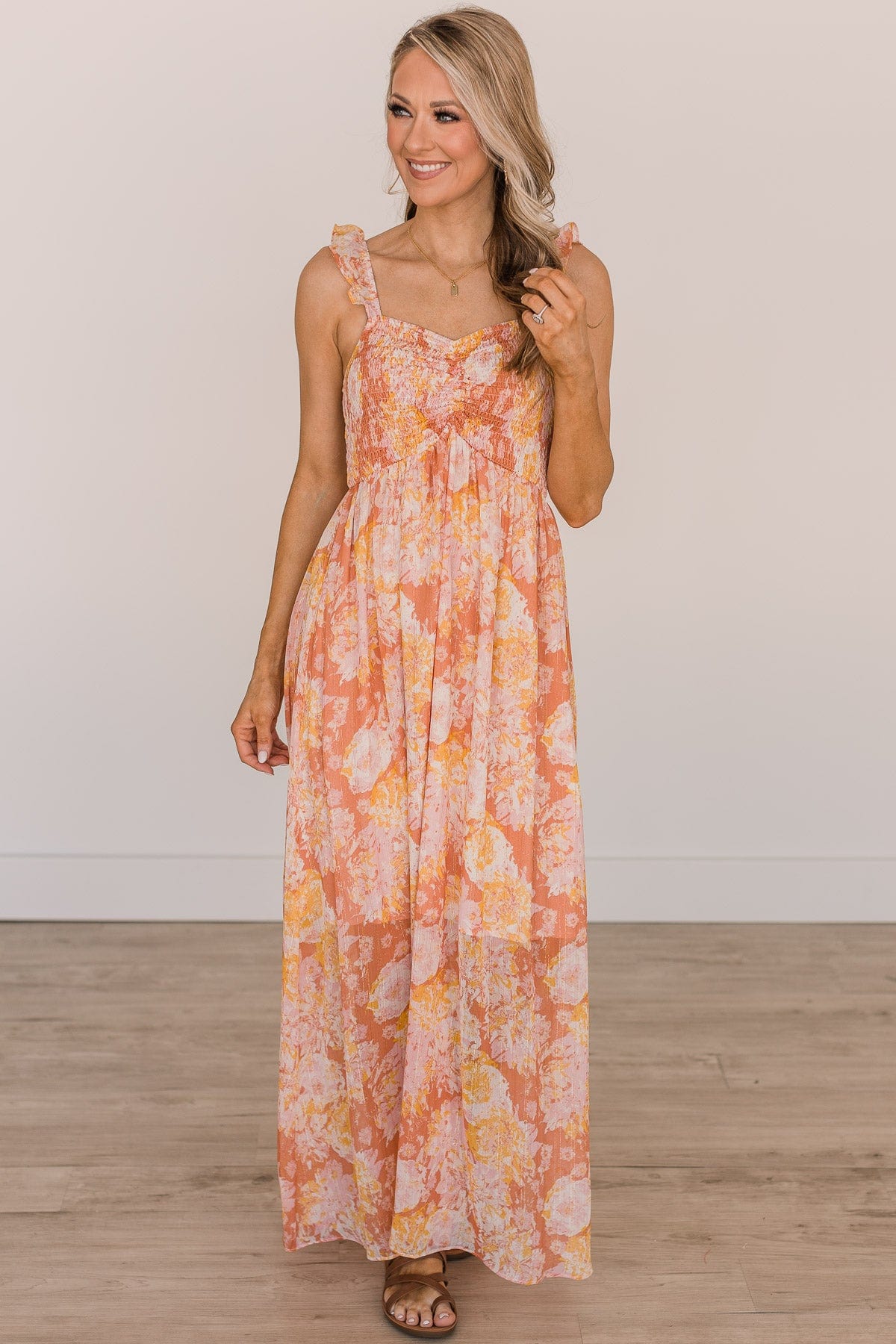 Staying True Floral Maxi Dress- Salmon Pink & Yellow