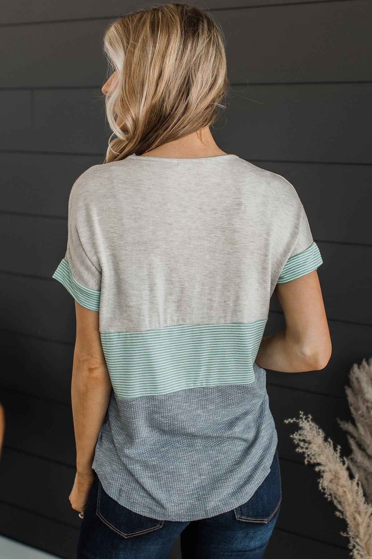 Up To Standards Color Block Top- Light Grey & Denim Blue