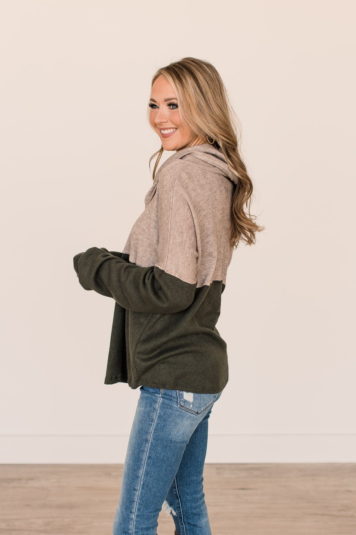 Never Too Close Cowl Neck Top- Taupe & Dark Olive