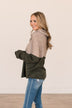 Never Too Close Cowl Neck Top- Taupe & Dark Olive